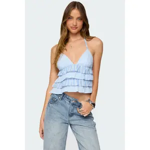 Tiered Ruffle Backless Striped Halter Top