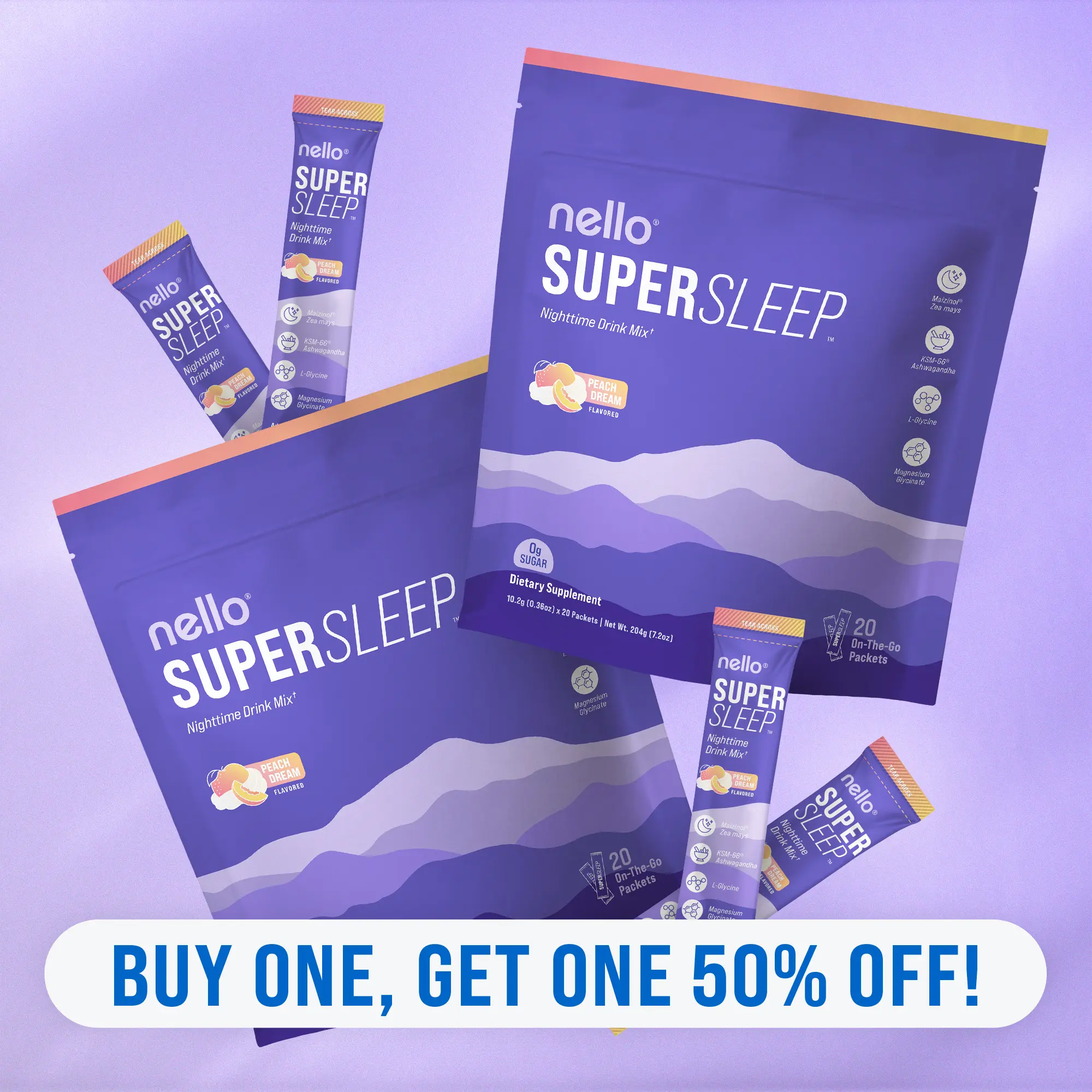 Nello Supersleep Nighttime Sleep Support Drink Mix 2-Pack, KSM-66 Ashwagandha, Maizinol, L-Glycine, Magnesium Glycinate, Melatonin-Free, 2 Pack of 20 Travel Packets