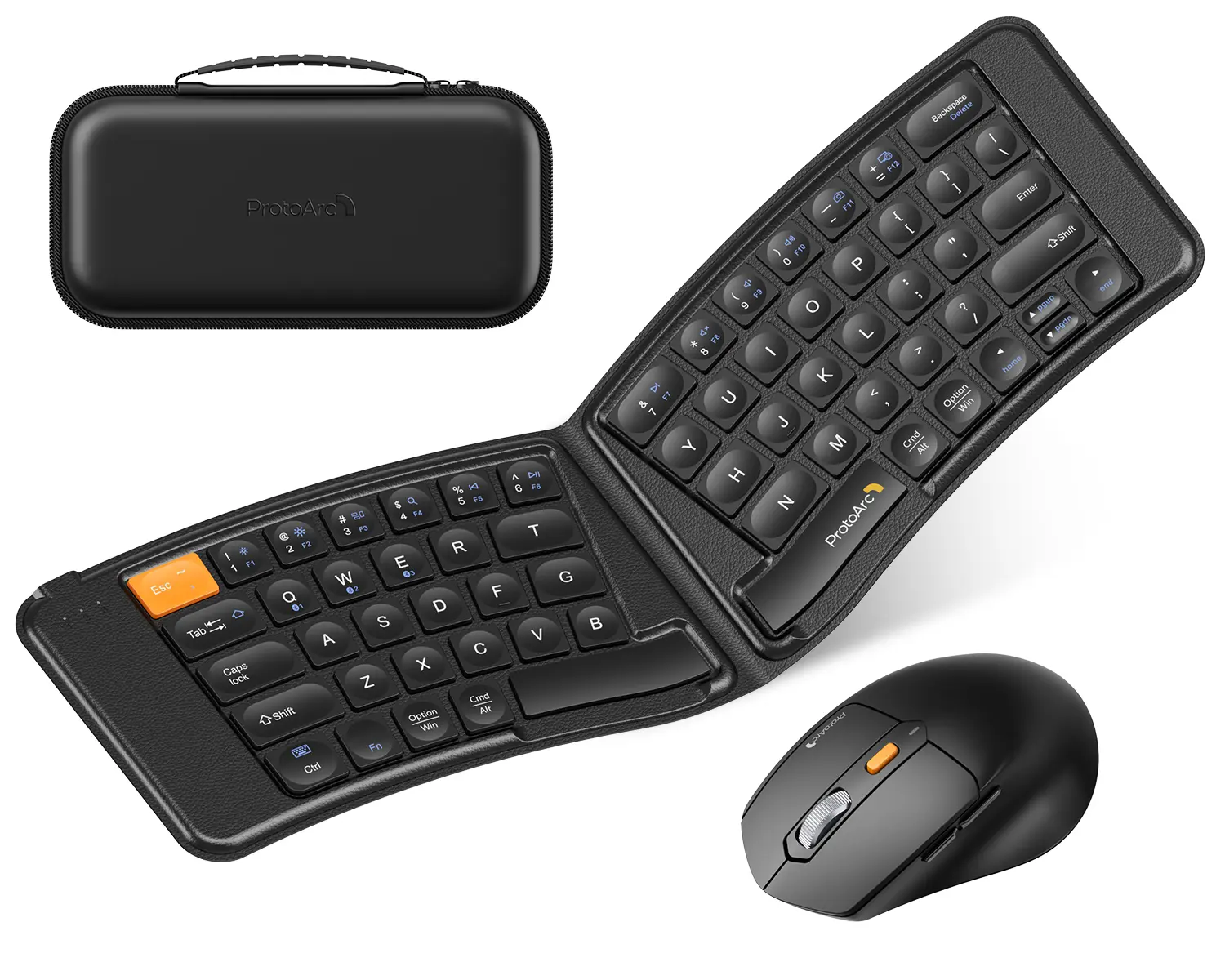 ProtoArc XKM03 Foldable Keyboard and Mouse Combo - Full Ergo Set with Split Design, 3 Bluetooth Connections, Rechargeable Lithium Ion Batteries Built-in, Portable for Business, Travel (Compatible with iPad, Tablet, iPhone, Laptop)