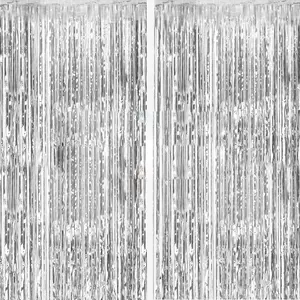 2pcs 3ft x 8.3ft Silver Metallic Tinsel Foil Fringe Curtains Photo Booth Props for Birthday Wedding Engagement Bridal Shower  Shower Holiday Celebration Party Decorations
