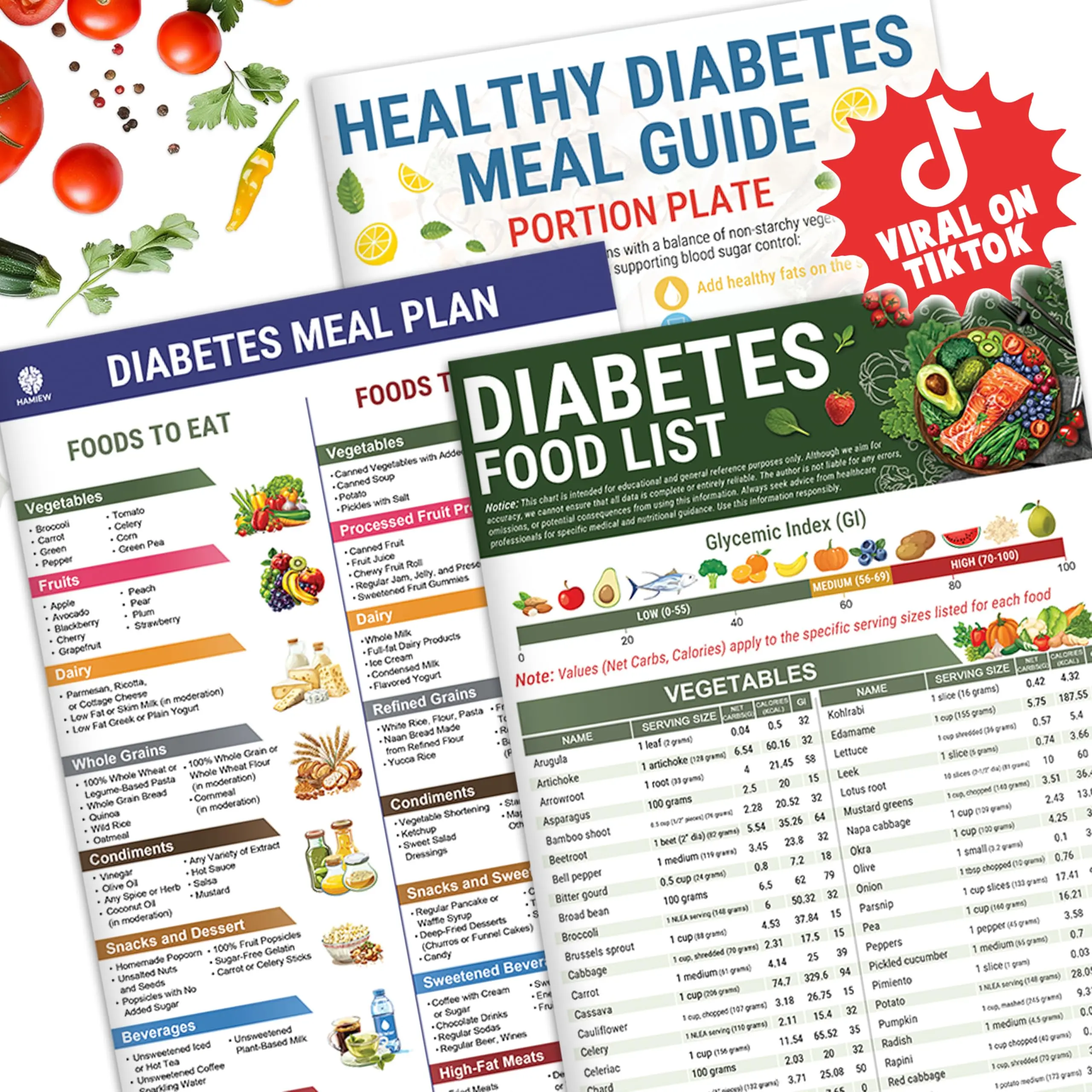 3 Pack Diabetes Food List and Meal Planner — Know Exactly What to Eat, Diabetic Cookbook 400+ Foods GI Net Carbs Serving Size, 100+ Meal Ideas, 28 Recipes for Beginners Type 1 2 Prediabetes