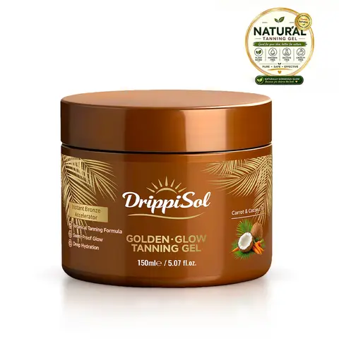 DrippiSol Gold Shimmer Tanning Gel - Radiant Gold Body Self-Tanner, Instant Tanning Body Self-Tanner, Fast Tan Booster for Outdoor Use, Non-Greasy, Water-Resistant with Carrot & Coconut Oil, Vitamin A & E for Moisture, Smooth 5 Fl Oz