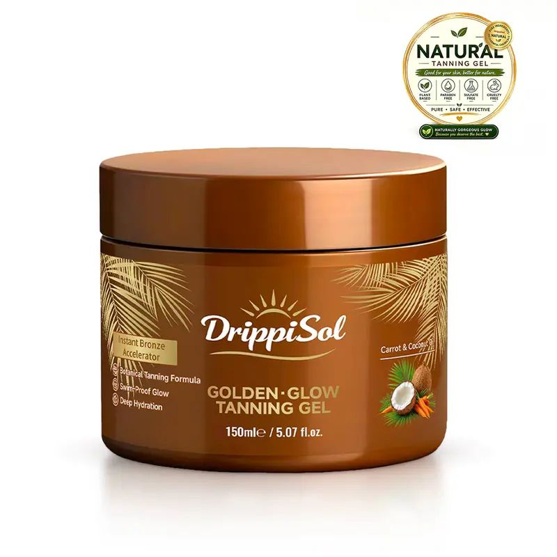 DrippiSol Gold Shimmer Tanning Gel - Radiant Gold Body Self-Tanner, Instant Tanning Body Self-Tanner, Fast Tan Booster for Outdoor Use, Non-Greasy, Water-Resistant with Carrot & Coconut Oil, Vitamin A & E for Moisture, Smooth 5 Fl Oz