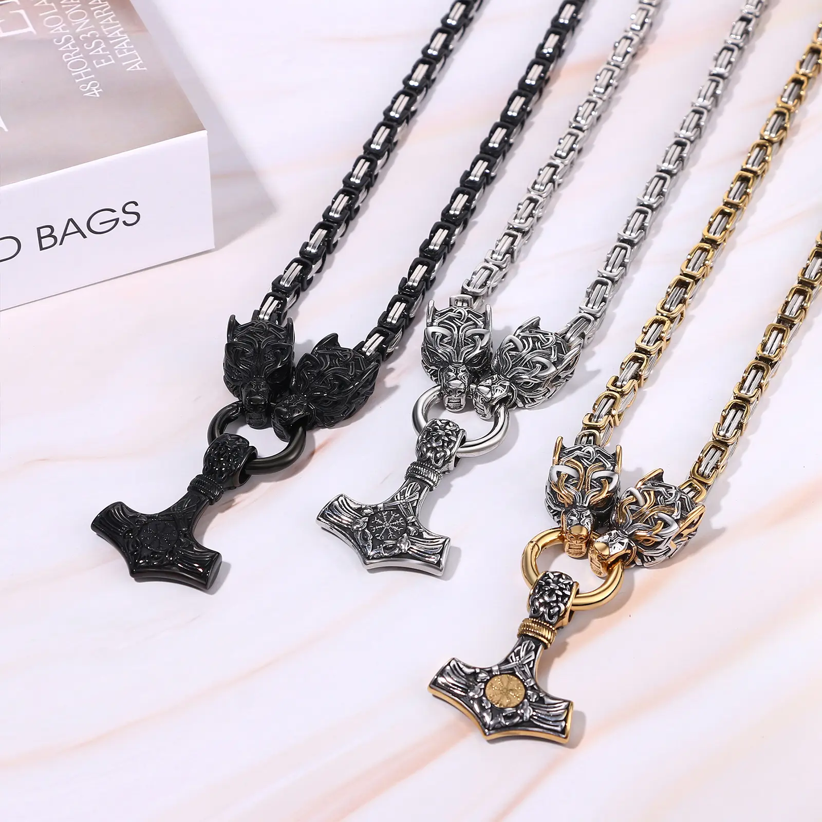 OIDEA Men's Stainless Steel Viking Necklace - 24-Inch Byzantine Chain, Wolf Head Thors Hammer Mjolnir Pendant, Gothic, Historical-Inspired, Rust-Resistant, Statement Amulet Necklaces, Norse Pagan Gift, Gothic Necklaces