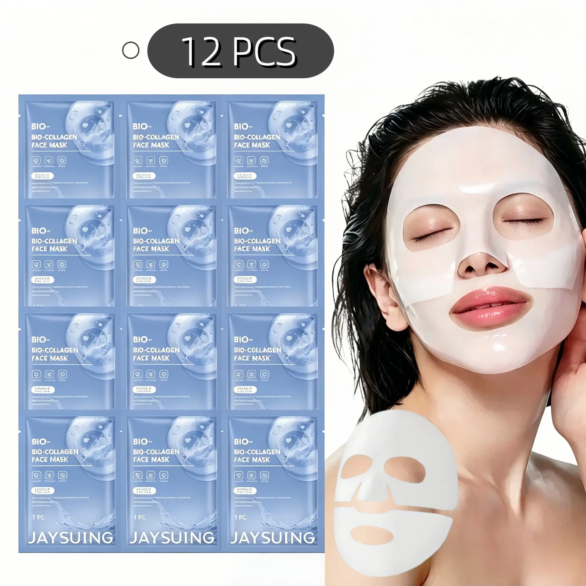 12pcs Collagen & Biotin Deep Moisturizing Facial Masks - Alcohol-Free, Chemical-Free, Hypoallergenic, Sensitive Skin-Safe, Hydrate Dry & All Skin Types, Unisex Adults, Lock in Moisture, Smooth Complexion