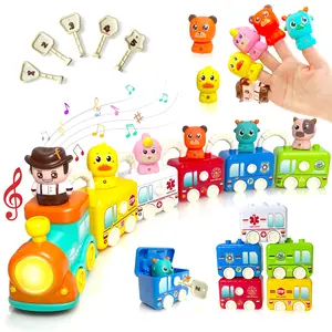 Gift for Toddler Montessori Baby Sound Toy Train, 29PCS Learning & Sorting Playset with Music Lights, Finger Puppets, Shape Keys & Number Cars, Educational Toy for Toddlers Ages 1–3