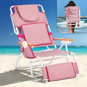 VINGLI Deluxe 3 in1 Beach Chair, Tanning Chair with Face Hole, Reclining Lounge with Foot Rest, Cup Holder and Storage Bag, Beach Lounge for Outdoor Pool