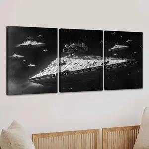 Sci-fi Space Starship Pattern Canvas Painting with Frame, 3 Counts/set Modern Space Theme Design Wall Art, Wall Decor for Home Living Room Bedroom Office, Ornaments, Art Wall Decoration, Wooden Wall Art