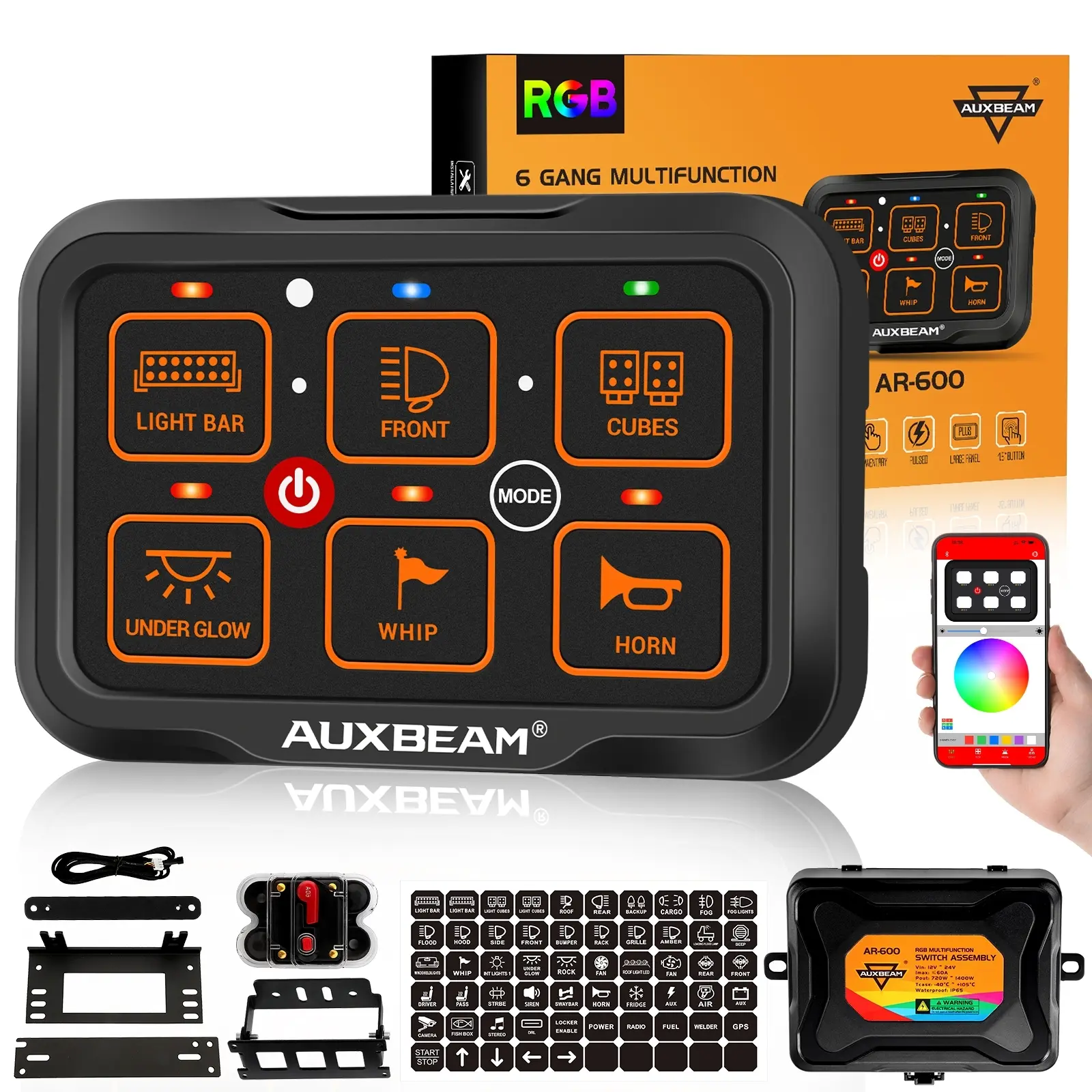 AUXBEAM AR-600 RGB Backlight 6-Gang Rocker Switch Panel with Bluetooth App, Toggle/Momentary/Pulsed Light Modes, 1s Blind Toggle, Group Control, 10ft Harness Reach, 60+ Stickers, -40°C to +105°C, IP65 Waterproof Offroad Light Controller for Truck, ATV
