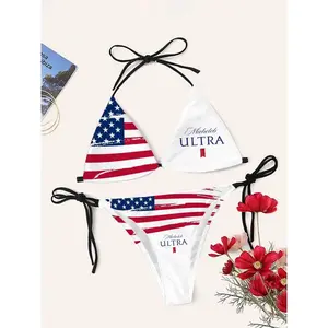 Michelob Ultra American Flag Drinking Triangle Bikini Set, Fourth of July Bikini, Women Swimsuits, 4th of July Bikinis, Patriotic Gifts for Her