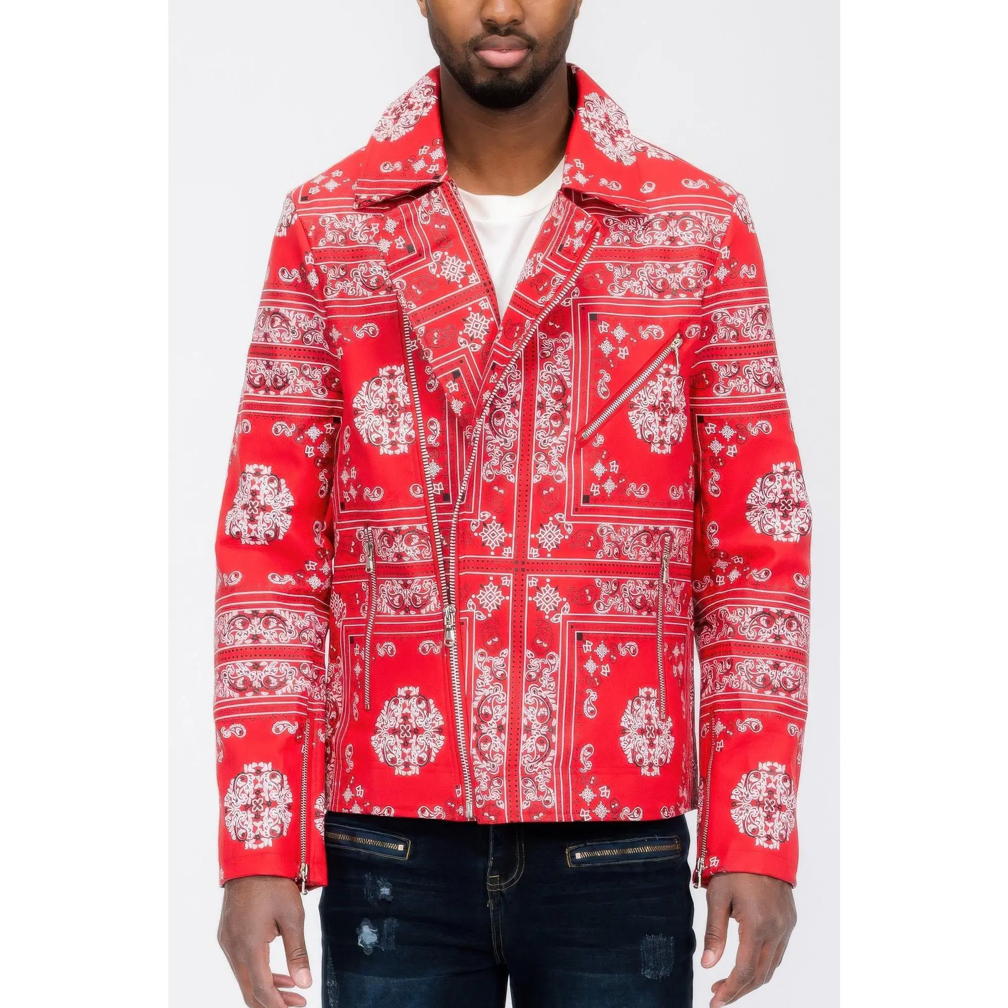 Men's Bandana Print Vegan Leather Coat, Menswear Casual Fashion Jacket with Pockets