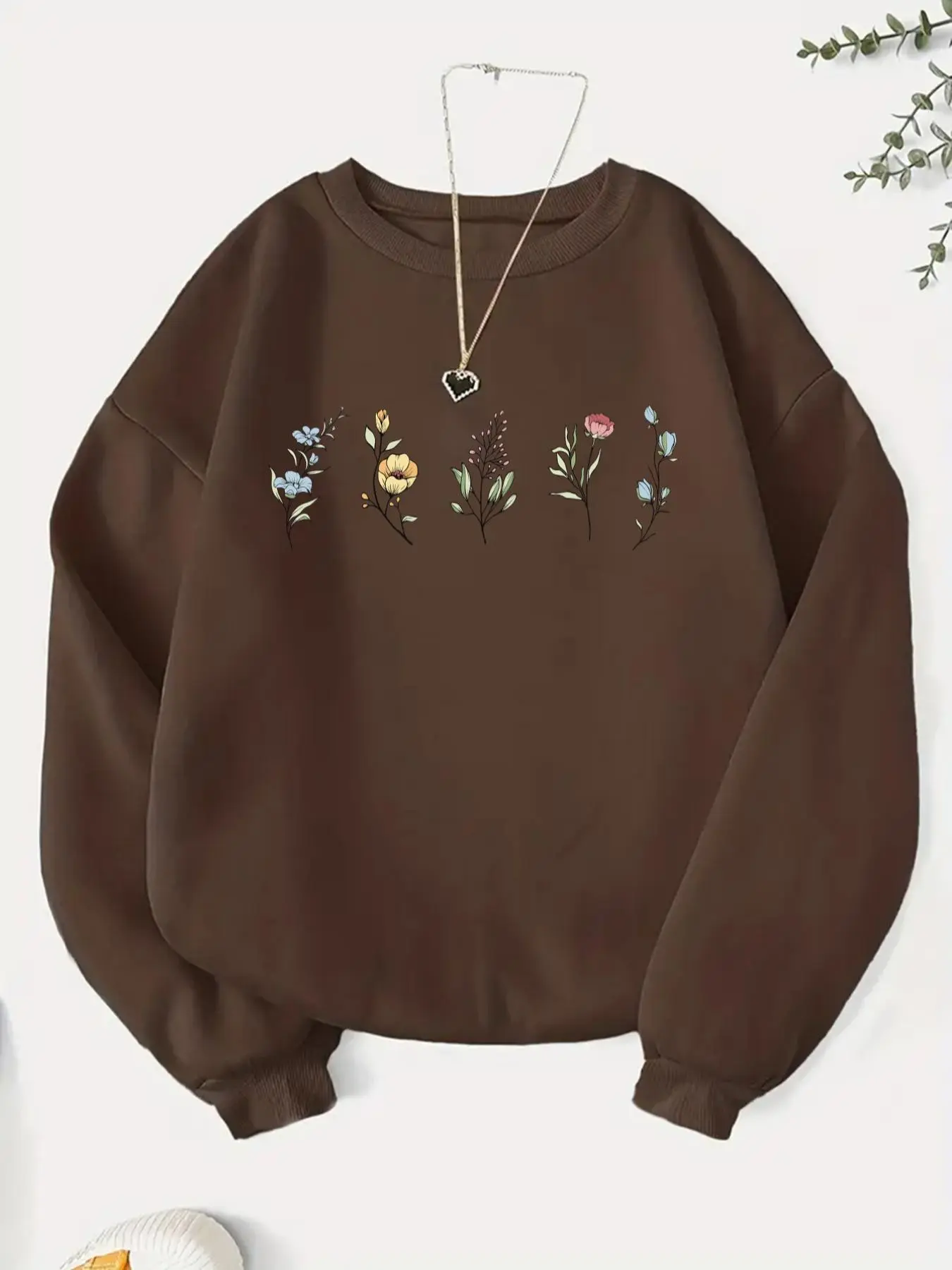 Women's Floral Embroidery Crew Neck Fabric Sweatshirt Tops, Casual Long Sleeve Pullover for Fall & Winter, Women's Clothes for Daily Wear
