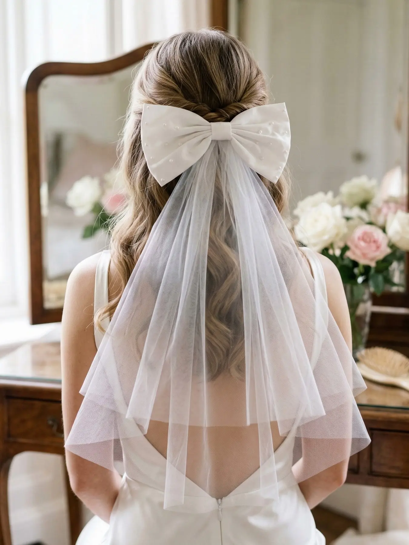 Bride Pearl Bow Hair Clip Trailing Veil, Wedding Veils, Sweet Elegant Large Butterfly Knot Double Layer Net Wedding Headpiece, Marriage Registration Photo Party Accessory