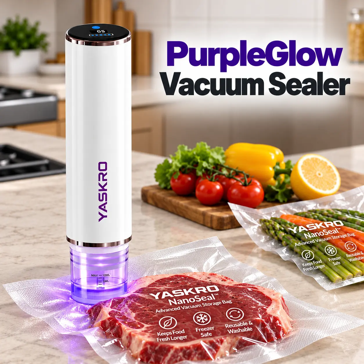 [Fall Deals] YASKRO PurpleGlow Compact Handheld Vacuum Sealer with NanoSeal Vacuum-Sealed Food Storage Bags, Rechargeable Food Saver for Family Meat Prep, Freezer & Holiday Gift Ideas,techvibes