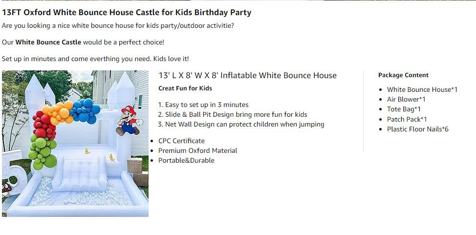 White Oxford Fabric Bounce Houses With  Blower For Children Kids Jumping Castles Wedding Birthday Party Games Bouncy House Room White Bounce House - 13x8x8ft Oxford White Bouncy House with Slide & Ball Pit, Perfect for Parties & Events