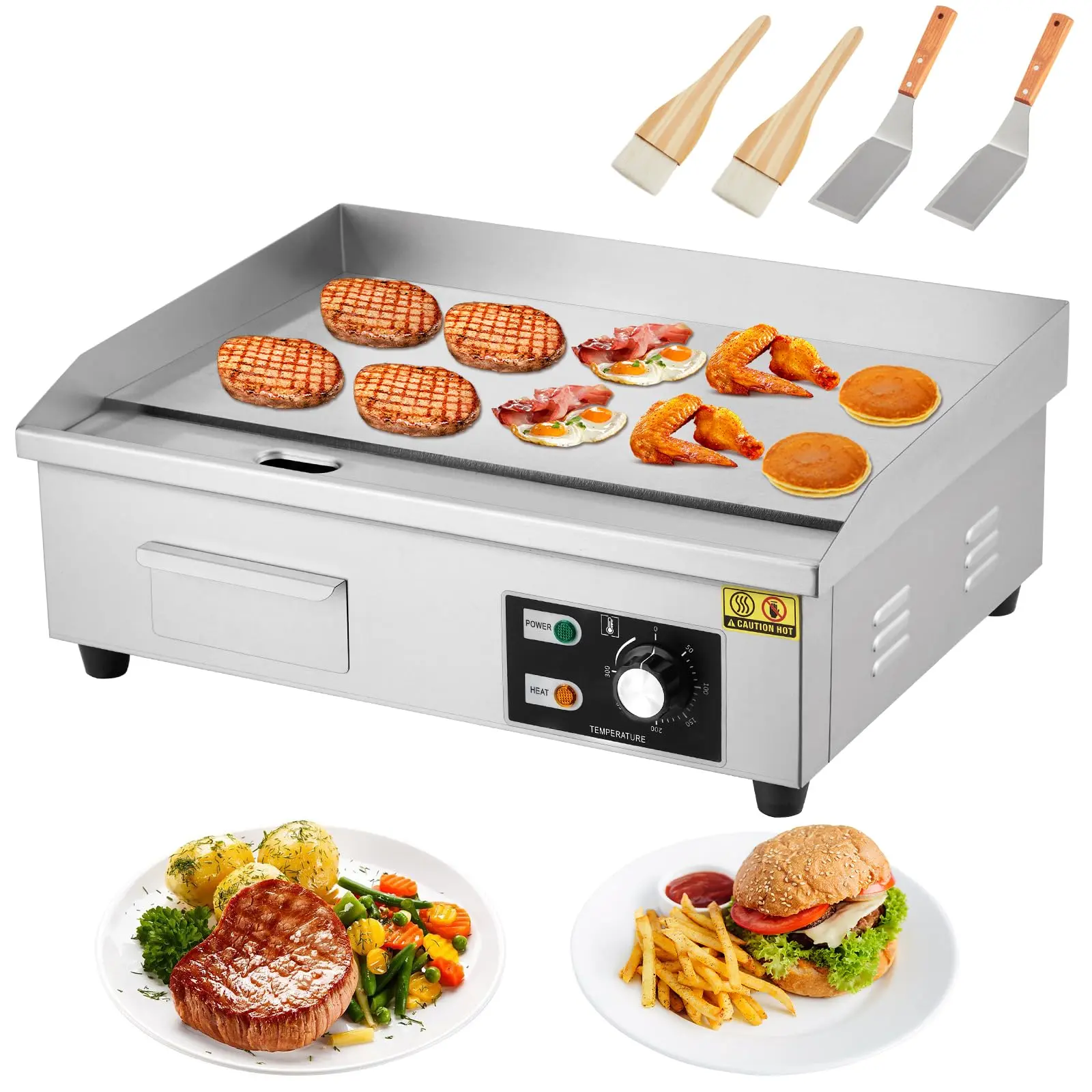 Garvee 21 Inch Commercial Electric Griddle, 1600W Countertop Flat Top Grill with Shovels and Brushes, Stainless Steel Teppanyaki BBQ Griddle for Home and Restaurant Use