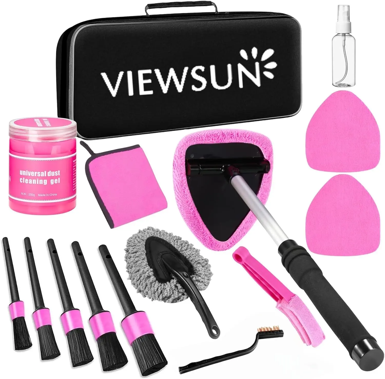 【TikTokShopBackToSchool】Viewsun Windshield Cleaner Tool, 17Pcs Pink Car Interior Cleaning Kit, Detailing Kit Cleaner, Detailing Brush, Cleaning Gel, Inside Cleaning Supplies Accessories for Women Girl Gift，Summervibes