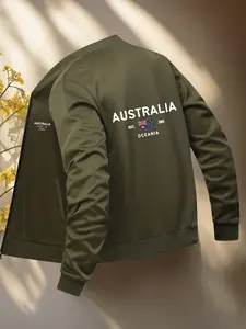 Men's Australian Flag Print Fitted Jacket, Casual Geometric Pattern, Fall & Winter High-End Leisure Wear, Zipper Detail