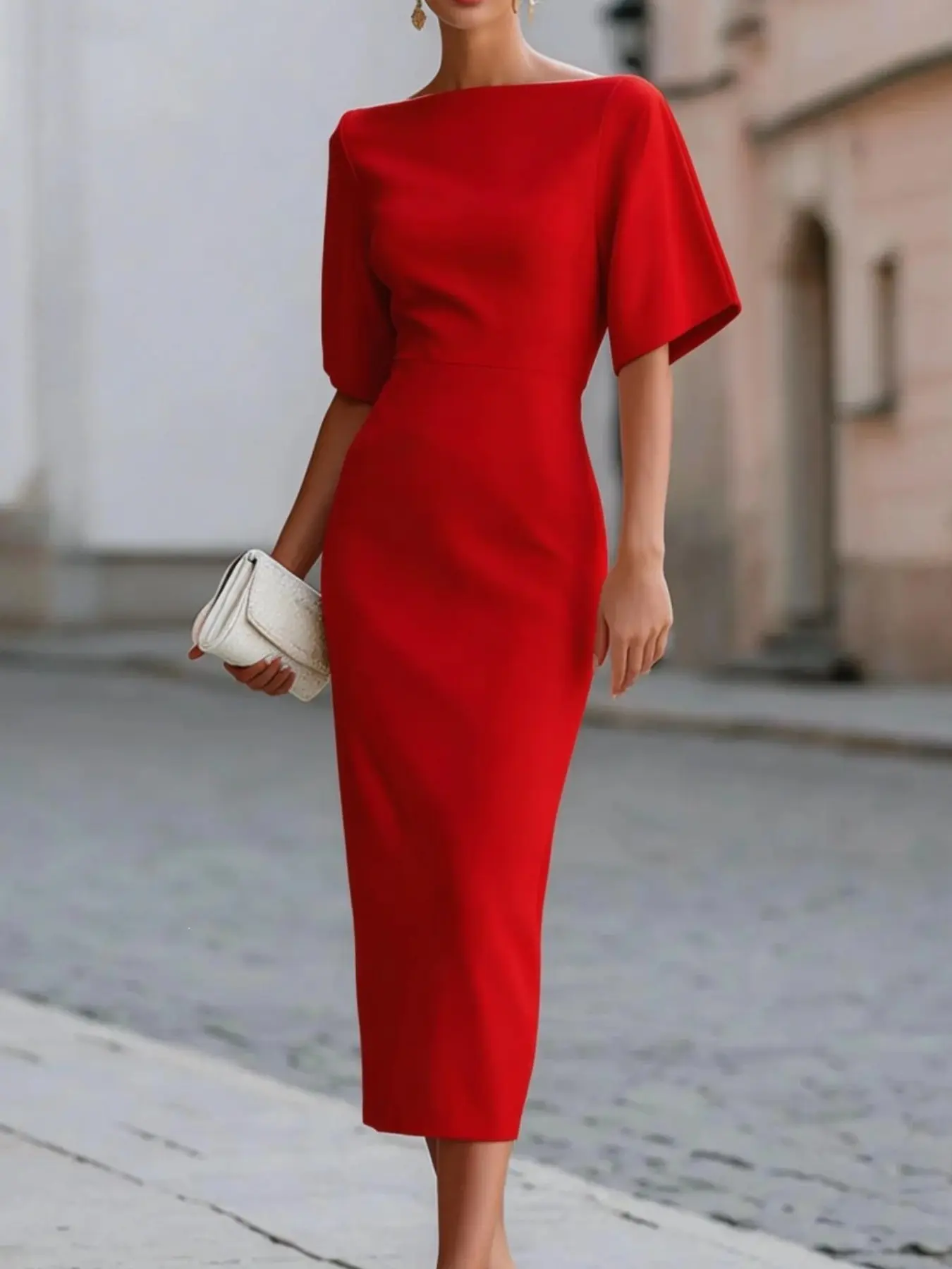 Women's Elegant Chic Drape Boat Neck Midi Dress, Fitted Dress for Wedding Guest, Cocktail, Party, Elegance