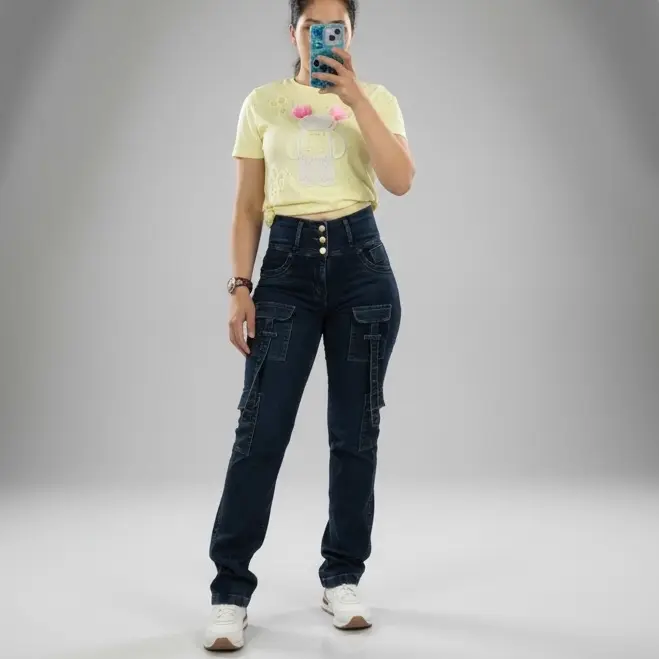 Women's Belén Colombian Cargo Denim Jeans - Straight Leg, 3-Button Closure, Casual Denim Bottoms, Button Pants, Cargo Style, Denim Fit