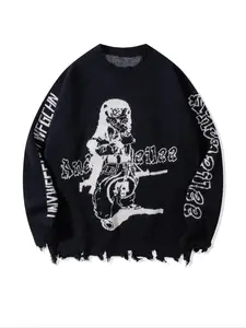 Men's Figure & Letter Print Distressed Trim Sweater, Loose Casual Punk Long Sleeve Round Neck Jumper for Spring & Fall, Fashion Men's Knitwear for Daily Wear