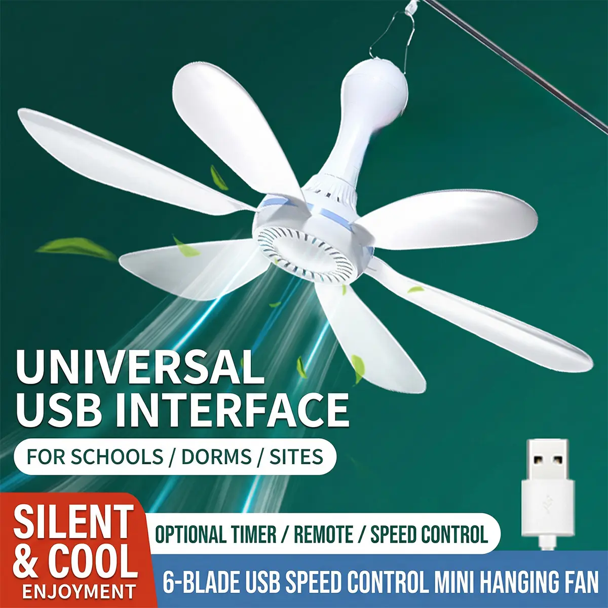 USB Mini Ceiling Fan – 6-Blade Quiet Hanging Fan + 2M Extension CordPortable for Tent, RV, Bedroom, Dorm, Desk, Camping, Travel, White #USBfan