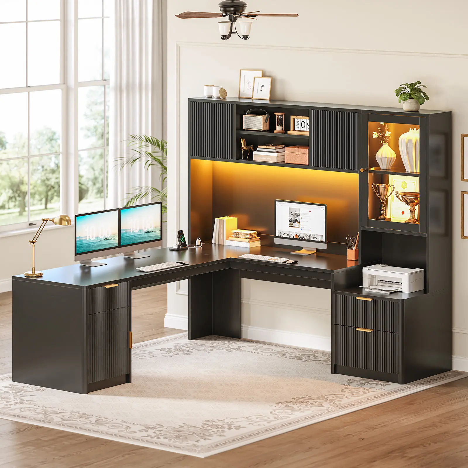 Sedeta 67x65 in Modern L-Shaped Home Office Desk with Fluted Panel, RGB Lights, Hutch, Power Outlets, File Drawer, Storage Cabinet, Glass Display Cabinet, Gaming Desks, Gaming Desk, Adjustable Feet