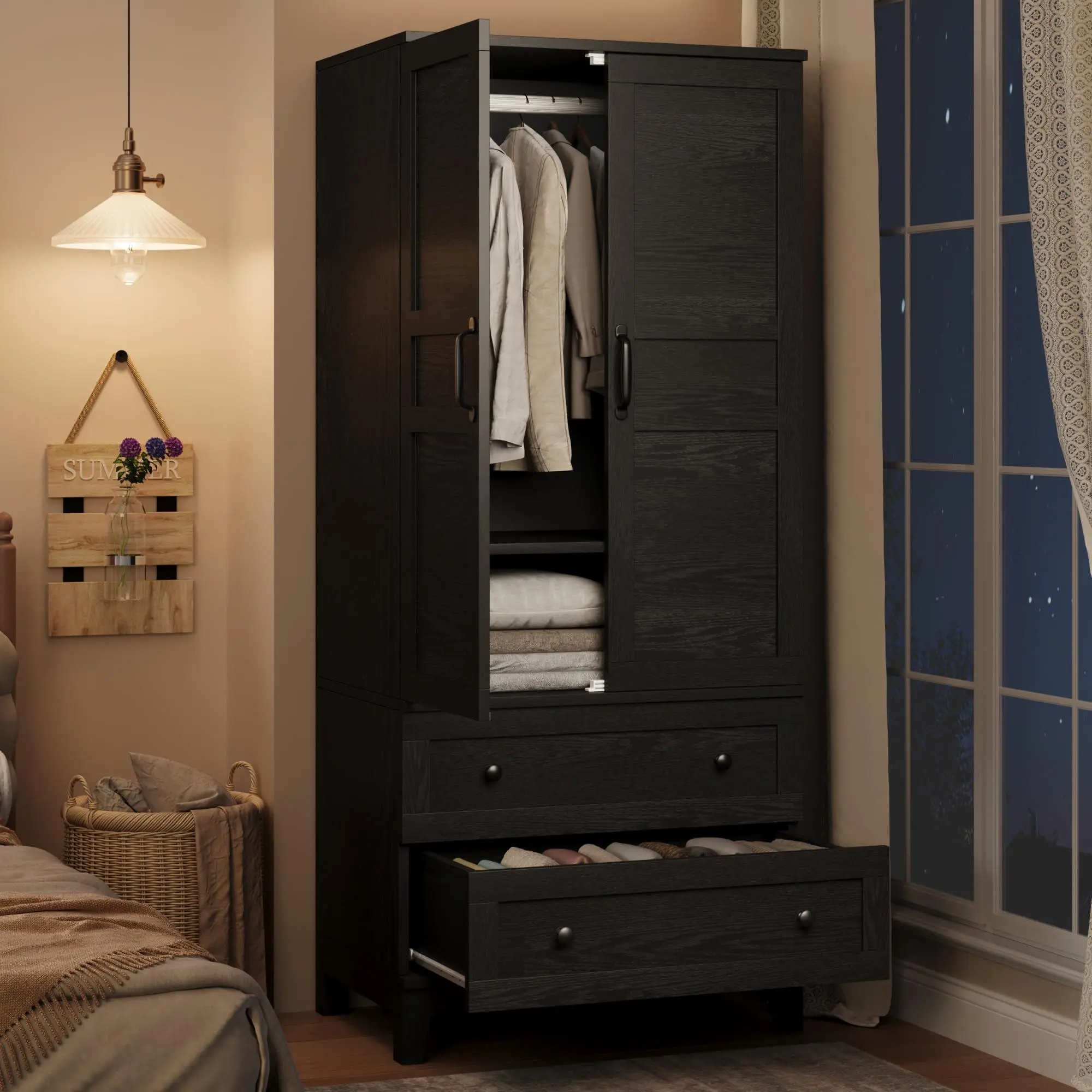 Garvee Tall Wooden Armoire Wardrobe Closet - 72 in Cabinet with Sturdy Base, 2 Drawers, Hanging Rod, Doors, 18 Adjustable Shelves, Tall Cabinet Storage for Bedroom Clothes, Black