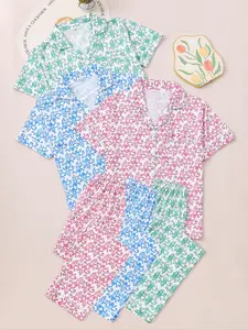 Women's Cartoon Print Pajama Set, Casual Comfort Short Sleeve Shirt & Elastic Waist Pants, All-Season Sleepwear Combo