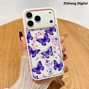 Purple Butterfly Wildflower Premium Magnetic Phone Cases for iPhone 17 Air 16 Plus 15 14 Pro Max 13 12 11 Smartphone Shockproof Protection Acrylic Cover Cellphone Protective magsafe magnetic case Resistance Casing