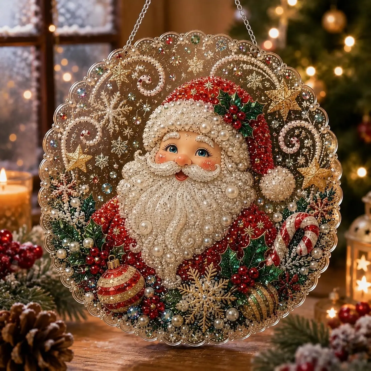 DIY 3D Pearl Bead Art Christmas Ornament Kit - Father Christmas (20*20cm), Festive Decoration for Tree & Window, Relaxing Holiday Craft Activity, Handmade Gift Idea, Room Decorations