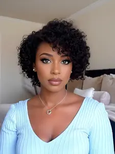 curly wave human hair wig short curly human hair wig daily party use black color for women pixie wig 13X4 frontal lace pixie cut human hair wig Glueless Curly Wig