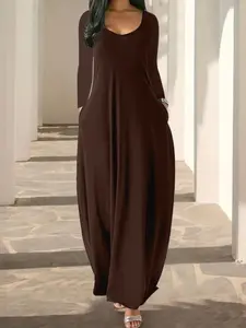 Women's Long Nightgown, Coffee Leopard Print, Round Neck Long Sleeve Pocket Sleepwear, Soft Comfortable Casual All-Season Loungewear