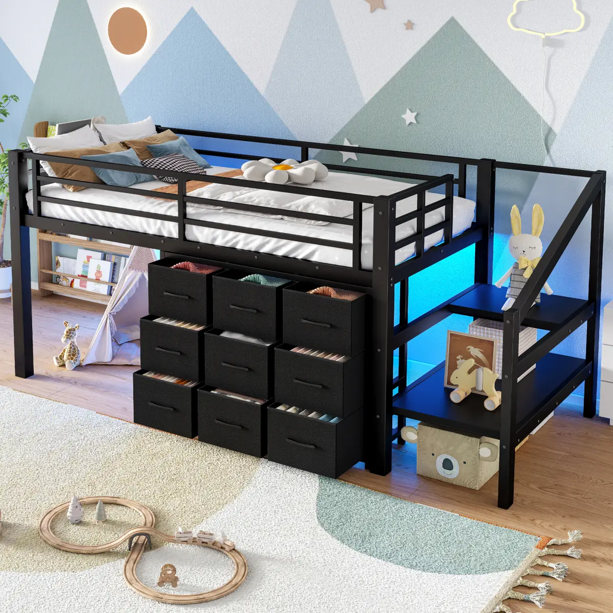 [Bellemave] Twin Metal Low Loft Bed| Multi-Storage Stairs & Drawers| Built-in Lights| Ample Under-bed Spaces| Safety Guardrail