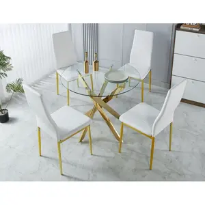 1+4,5pieces dining set, Table metal leg Mid-century Dining Table for 4-6 people With Glass  Table Top, Pedestal Dining Table, End Table Leisure Coffee Table