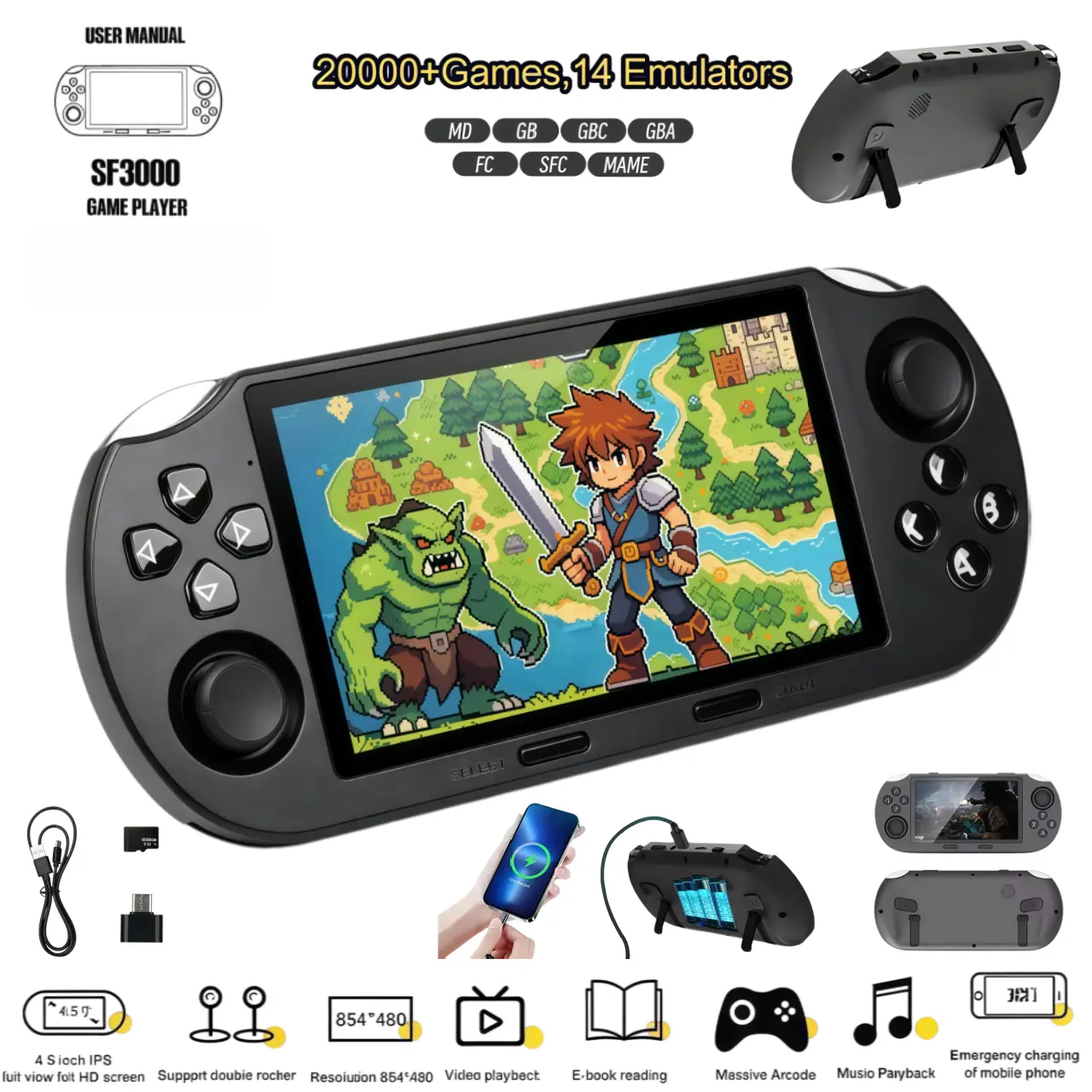 SF3000 Retro Handheld Game Console: Built-in 14 emulators, over 20,000 games, a compact cartridge controller, HD TV output, supports e-books/music/video playback/phone emergency charging, built-in storage, dual-core processor, a must-have gift for gamers.