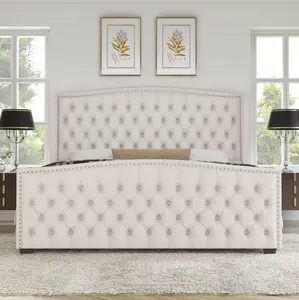 [Memorialday]AMERLIFE Platform Bed Frame, Upholstered Bed with Deep Button Tufted &Nailhead Trim Wingback Headboard/No Box Spring Needed/Christmas Gift, Sturdy Bed Frame, Bed Frames
