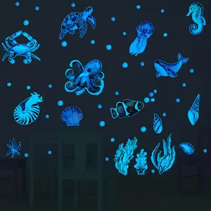 Underwater World Glow-in-the-Dark Fish Peel-and-Stick Decals - 52 Waterproof Self-Adhesive Removable Stickers. Suitable for Room Decor, Wall Paper, Bedroom Decor, Wall Decor, Home Decor, Christmas, Valentine's Day, Ramadan, Easter, and Holiday Decora