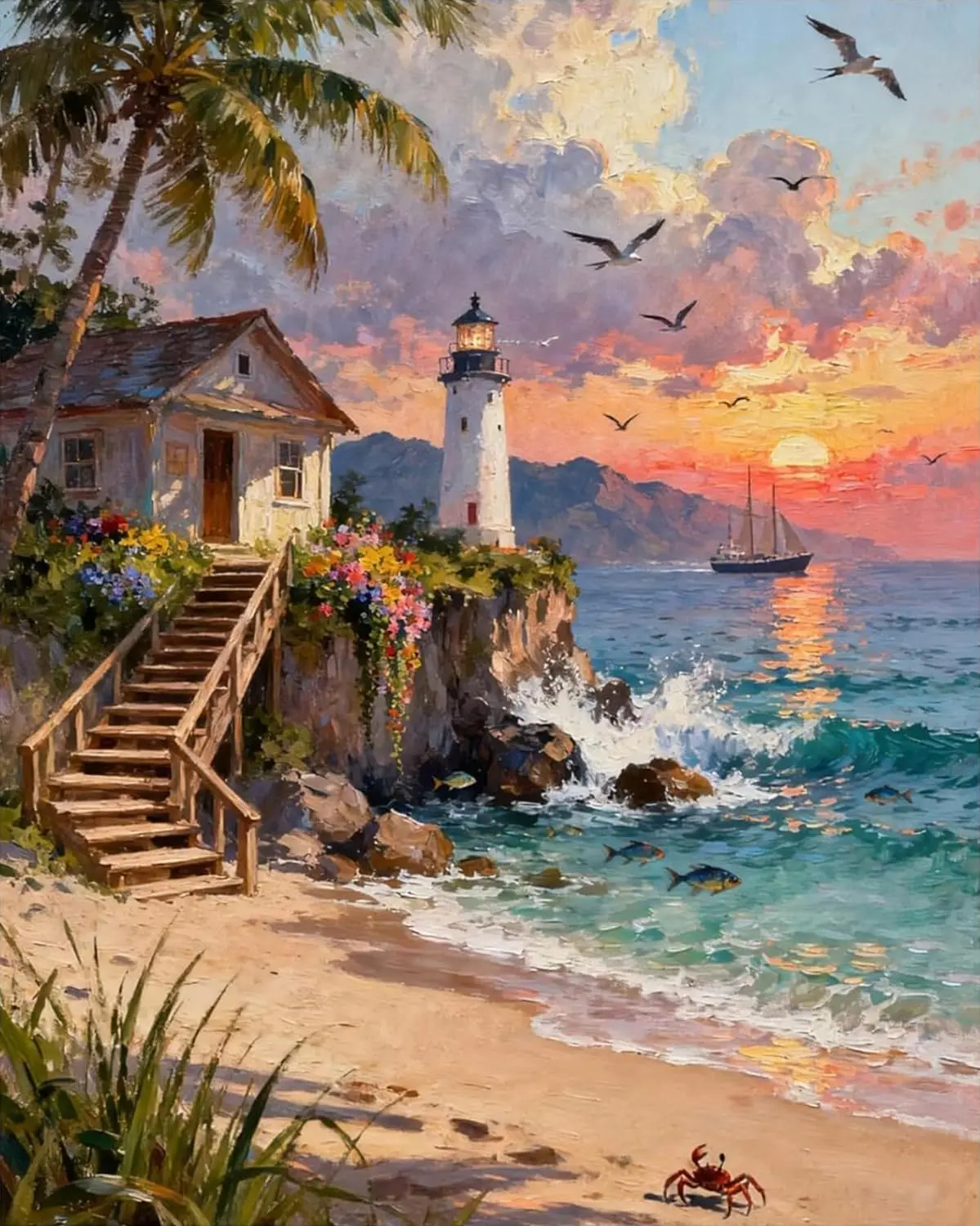 5D Full Drill Diamond Painting, Tropical Sunset Lighthouse Beach Scene with Cottage, Palm Tree & Sailboat DIY Wall Art