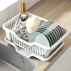 2- Plastic Dish Drying Rack, Heavy Duty Sink Set Dish Rack, White Large Drainer with Attached Drainboard Utensil Cup Holders for  Kitchen Counter Top Organizers
