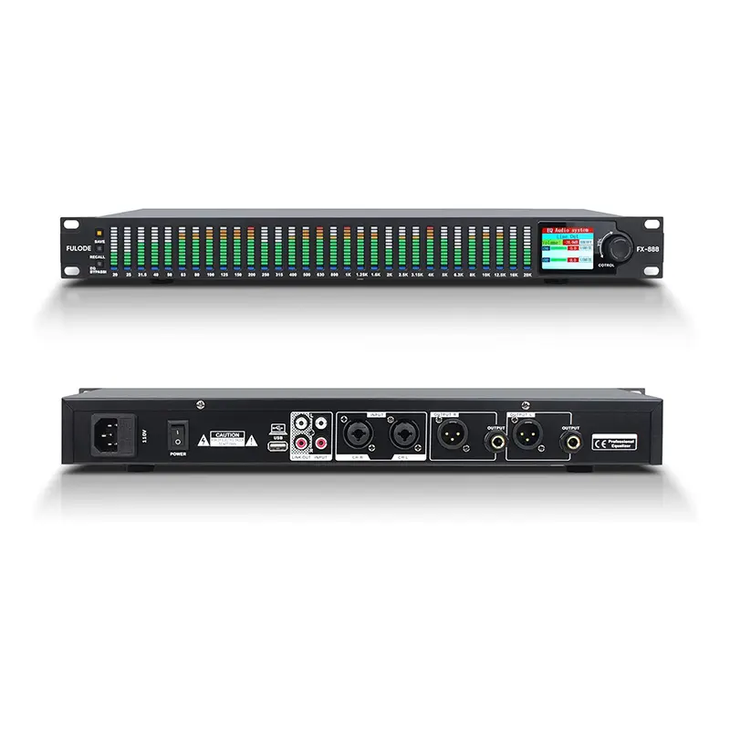 FX-888 31-Band Digital Stereo Graphic Equalizer Audio Equipment, Dual-Channel Synchronized Control, Noise Reduction, LED Spectrum Display per Segment, Large Operation Content Display Screen, Dsp Amplifier, Micro/Music Sys, Digital Sound Processor, Rotary