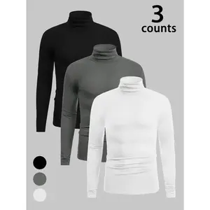 Men's Casual High Neck Thermal Top Set, Classic Colors, Fitted Home Wear, Fall & Winter Clothing, 3 Piece, Thermal MenswearGift