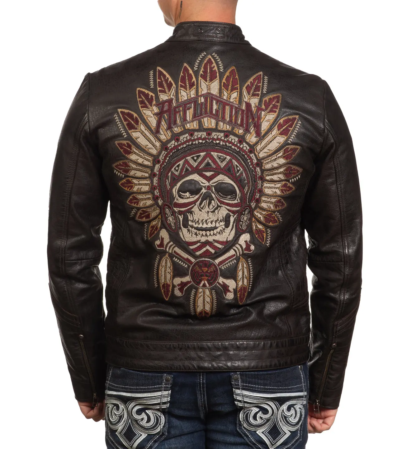 Affliction Men's Renegade Riders Long Sleeve Leather Moto Coat - Brown Casual Top with Graphic, Back Art, Cover Art on Back, Front Zip