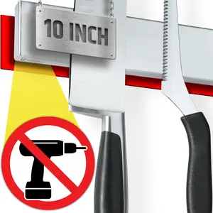 Strong Adhesive (No Drill) Magnetic Knife Holder for Wall - Professional 10 Inch Knife Strip - No Screws Needed - Adhesive Backing - Stainless Steel Knife Bar (Upgraded Version – Will Not Fall)