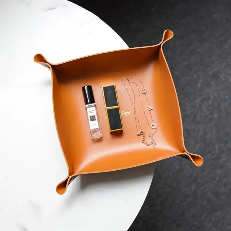 Nordic Style Leather Storage Tray Desktop Organizer For Key Jewelry Cosmetic Storage Box Folding Organizer Makeup Cosmetic Organizer Home Decoration