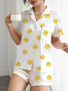 Women's Cute Cartoon Duck Print Pajama Set, Casual Fall & Winter Sleepwear, Short Sleeve Lapel Top & Elastic Shorts, Comfortable Home Wear Loungewear, Pyjamas