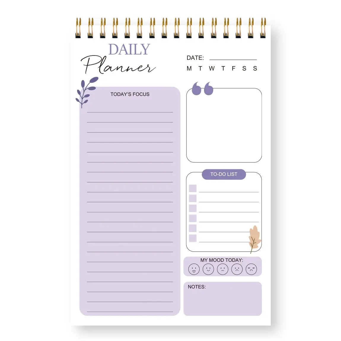 A5 Spiral Daily Planner Notebook, Light Minimalist Design, To-Do List & Mood Tracker, Home Office Study Time Management