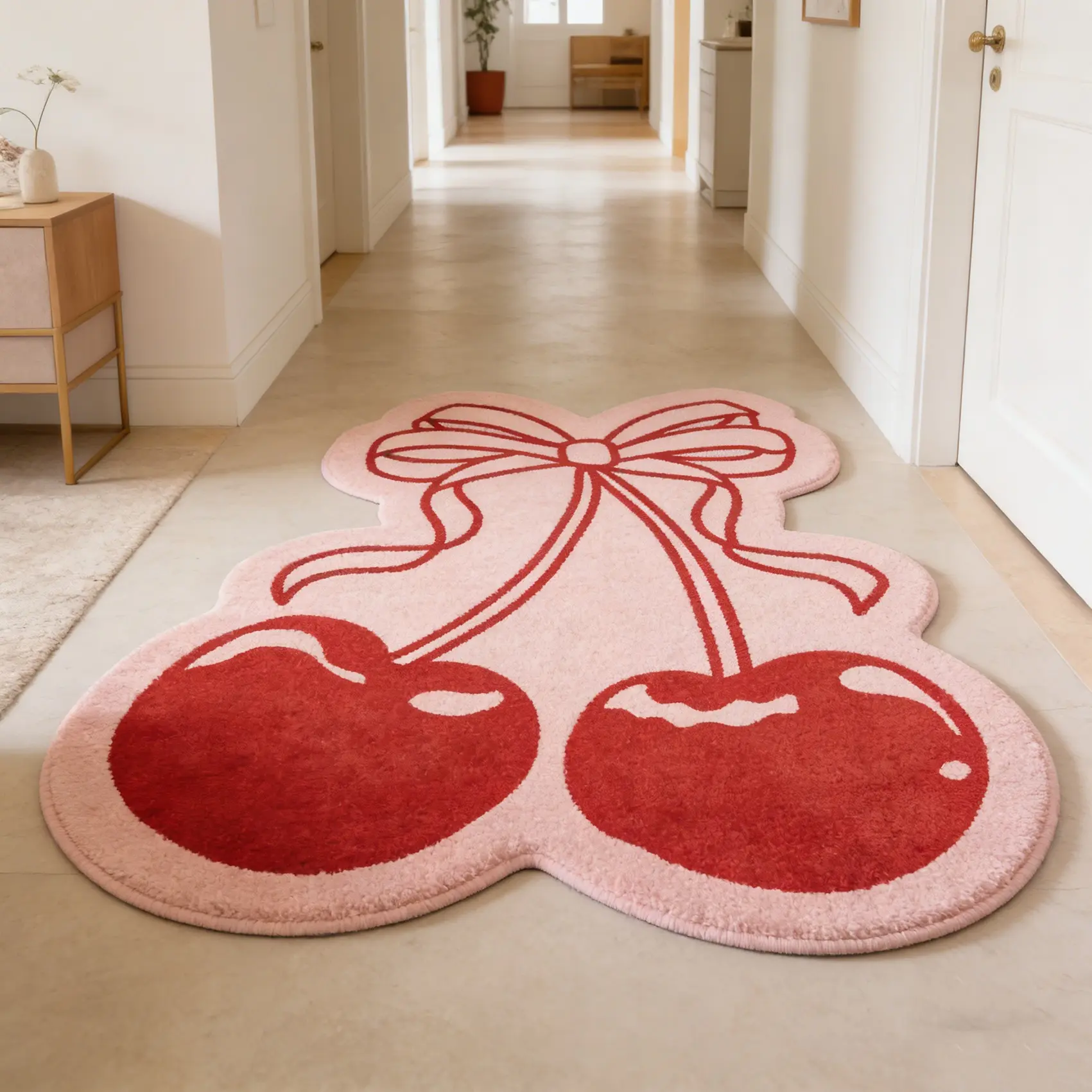 Bow shaped cherry shaped carpet, Entryway Rug, Entrance Rug, with red and white contrasting velvet floor mat, anti slip and wear-resistant for foyer bedroom, decorative mat suitable for ins/retro home decoration Soft Rug