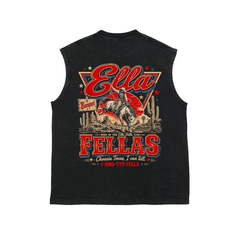 Western Cowboy Ella Fellas Double-Sided Print Tank Top | Unisex Oversized Texas Desert Retro Vest | Country Music Inspired Casual Streetwear Sleeveless Top for Men Women
