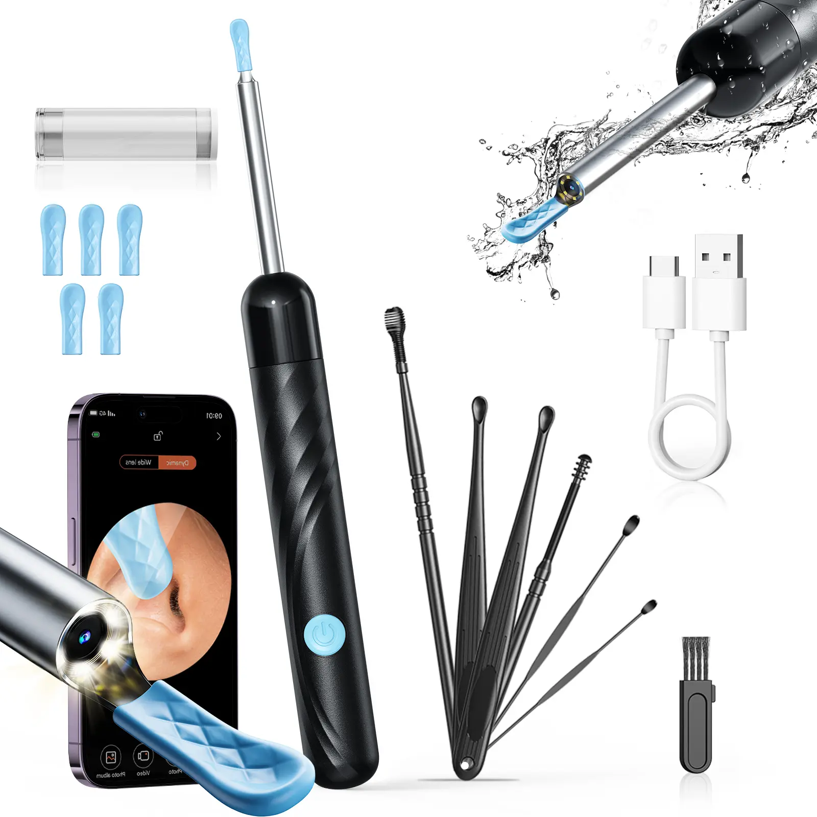 Ear Wax Removal Tool with 1080P HD Camera, Wireless Ear Cleaning Kit with Light & 6 Silicone Spoons, USB Rechargeable Earpick for iOS & Android, Ear Cleaning Tools